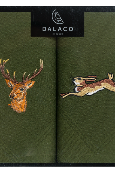 Dalaco Stag & Hare Embroidered Green Cotton Handkerchief