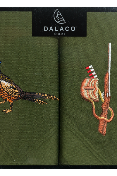 Dalaco Pheasant & Gun Embroidered Green Cotton Handkerchief